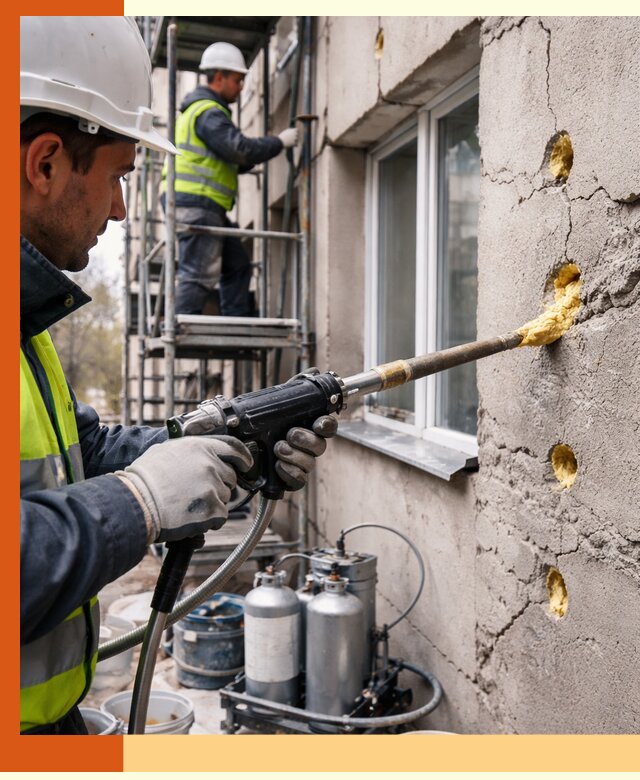 Заполнение пустот в фасаде и утепление стен в Ступино