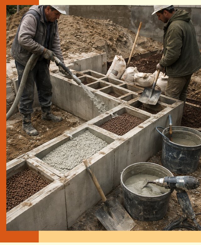 Заполнение полостей фундамента в Ступино герметичным утеплением и повышением прочности